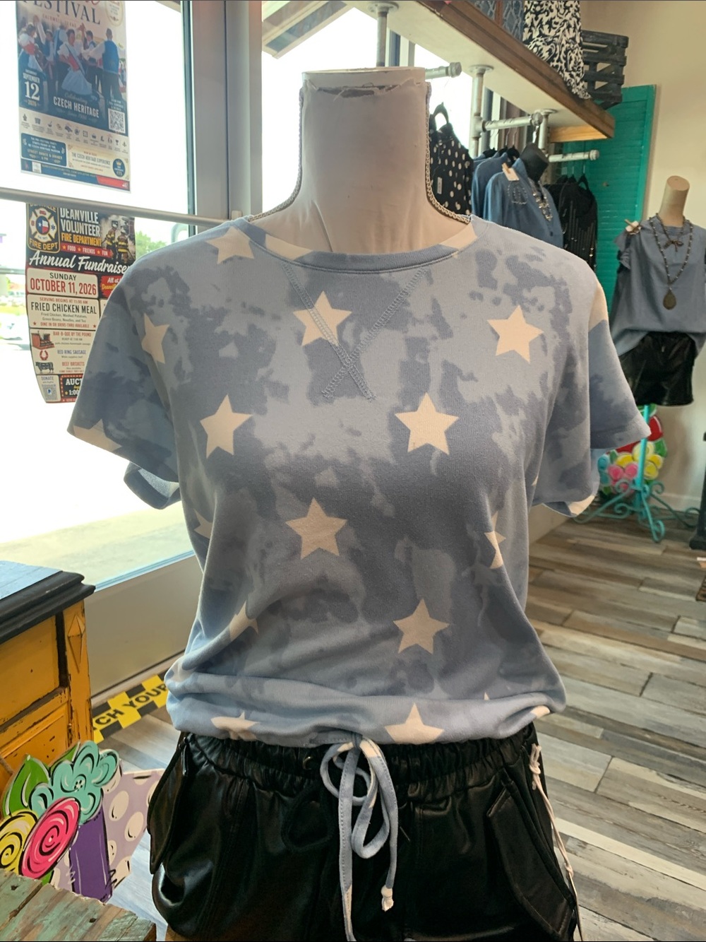 #168 Light Blue Star Print Short Sleeve Tee with Drawstring Hem